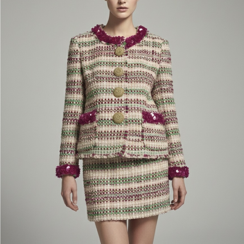 Vintage NWT Marc Jacobs Tweed Jacket Skirt Set Pink Green Sequin Trim Size 6